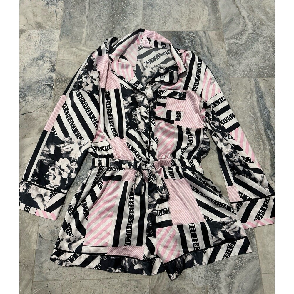 Victoria's Secret Black, Pink & Gray Logo-Print Romper Pajama